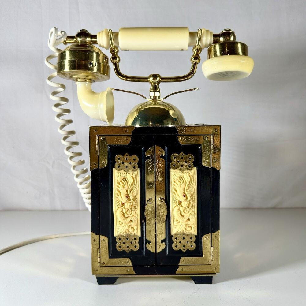 Vintage 1956 Mandarin Telephone Asian Design Brass Wood Accents Rotary Dragons